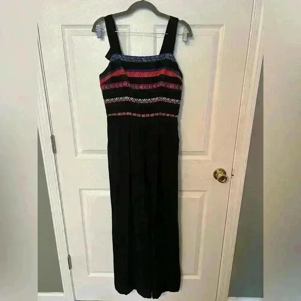 Anthropologie Nomad Morgan Carpet Black Jumpsuit Embroidered Detail Size Small